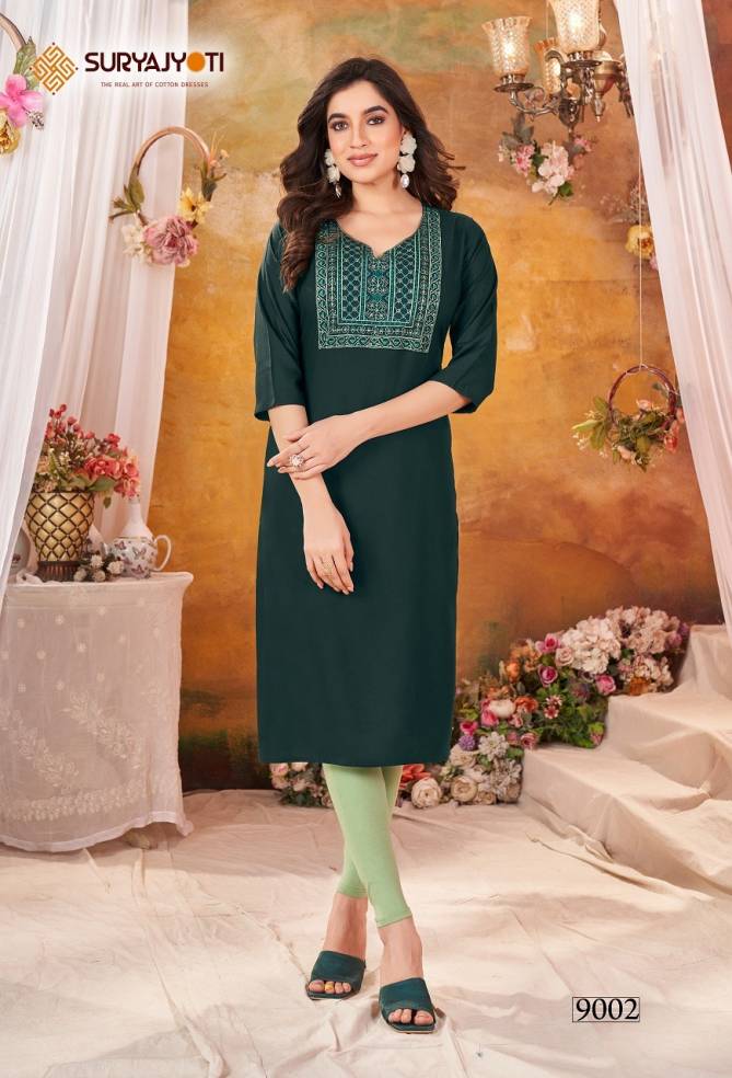 Nirja Advance Vol 9 By Suryajyoti Straight Cut Rayon Embroidery Kurtis Wholesalers In Delhi